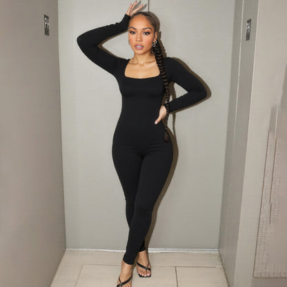 Women Clothing Autumn Winter Sexy U Collar Backless Lace up Long Sleeve Solid Color Hip Lifting Jumpsuit - Wanita Store