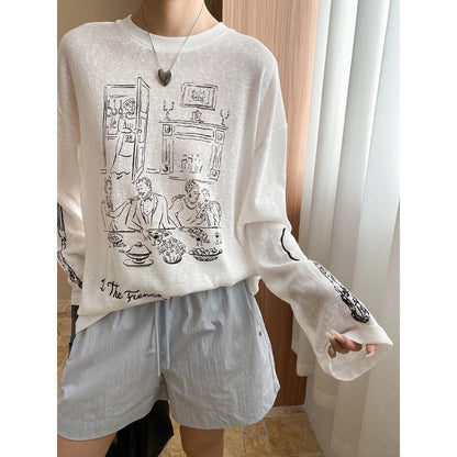 Idle Fun Cartoon Graffiti Letter Graphic Print round Neck Loose Long Sleeves T shirt - Wanita Store