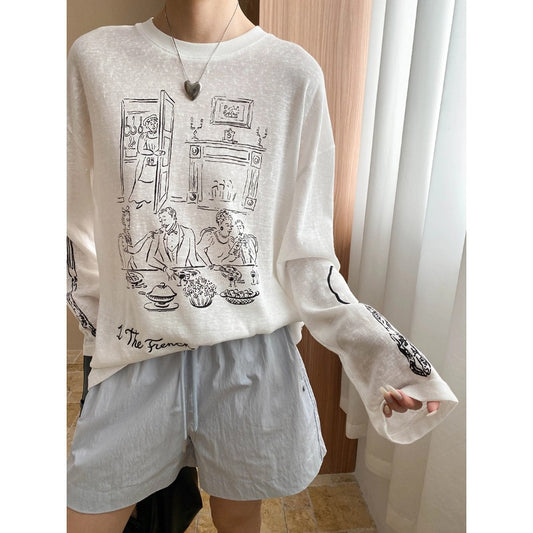 Idle Fun Cartoon Graffiti Letter Graphic Print round Neck Loose Long Sleeves T shirt