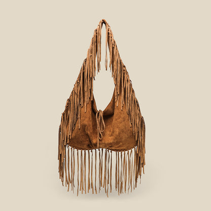 Tassel Large Capacity Tote Crescent Trendy One Shoulder Women Bag Casual Simple Crossbody Suede Retro Dumpling Bag - Wanita Store