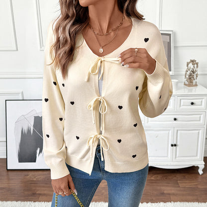 Autumn Winter Sweet Cute Love Pattern V neck Lace up Cardigan Sweater Coat - Wanita Store