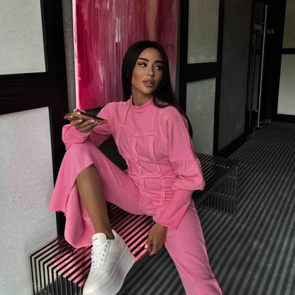 Solid Color Hoodie sets Round Neck Pullover Top Split Straight Pants Casual Two Piece sets - Wanita Store