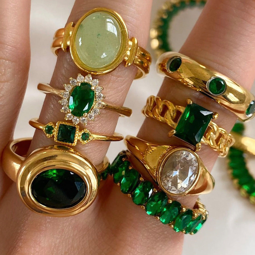 Wind Net Red Jewelry 18K Gold Stainless Steel Inlaid Green Zircon Ring Women Ring - Wanita Store