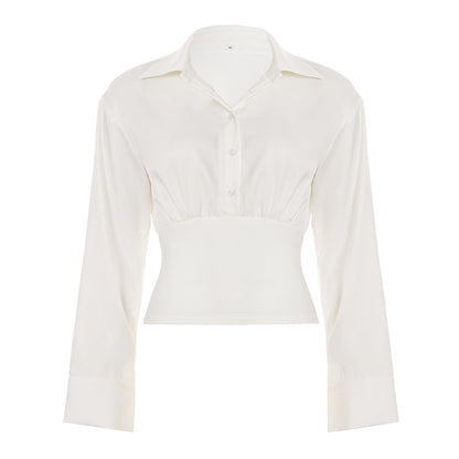 Summer Autumn Breasted Collared Sexy White Shirt Waist Controlled Slimming Long Sleeve T shirt - Wanita Store