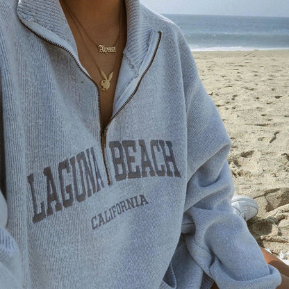 Casual Spring Women Pullover Sweatshirt Letter Graphic Embroidery Zipper Pullover Baggy - Wanita Store