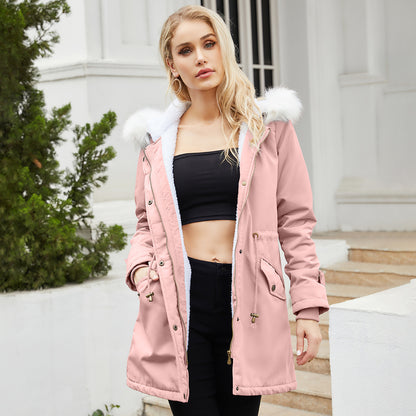 Autumn Winter Detachable Fur Collar Women Overcome Long Sleeve Hooded Cotton Padded Coat Fleece Coat Cotton Padded Coat Women - Wanita Store