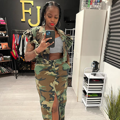 Camouflage Women Clothing Flounce Sleeve Pocket Personalized Cardigan Outdoor Short Sleeve Women Coat - Wanita Store