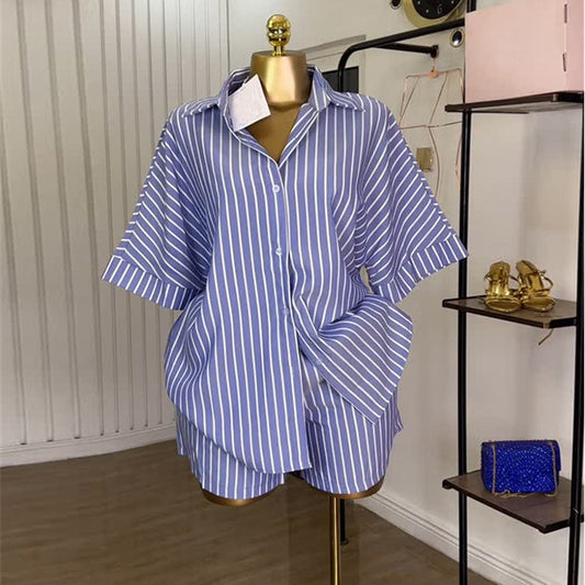 Women Clothing Summer Blue White Striped Loose Shirt High Waist Wide Leg Shorts Set