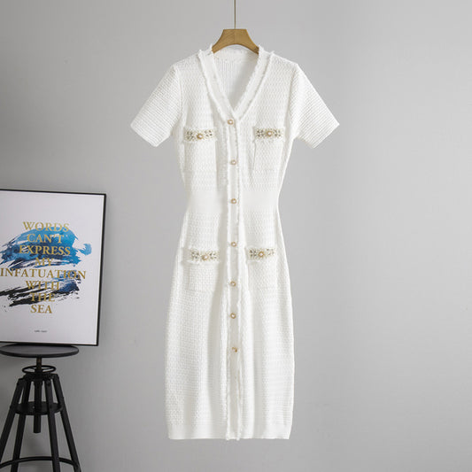 Summer Japanese Korean Women Clothing Classic V neck Short Sleeve Beaded Midi Dress Waist Tight Knitted Dress
