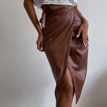Sexy Lace up Sheath Leather Skirt Women Clothing Autumn Winter - Wanita Store