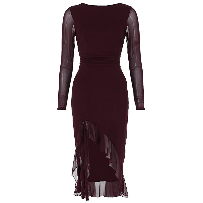 Women Clothing Summer Mesh Long Sleeve Backless Slit Ruffled Dress
