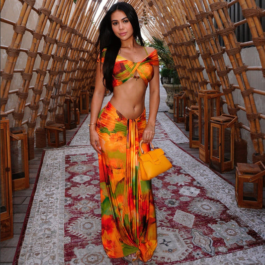 Women Spring Clothing Pattern Print Sexy Drop Shoulder Hollow Out Cutout Low Waist Cropped Skirt Set