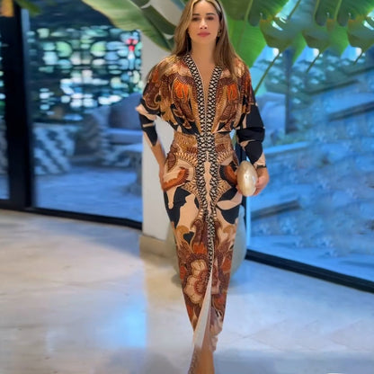 Spring Women Wear Short Sleeve V neck Slim Print Dress - Wanita Store