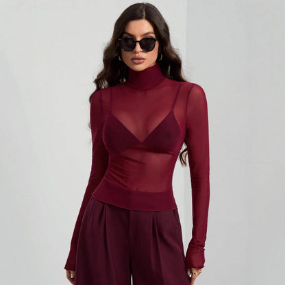 Autumn Winter Stand Collar Solid Color Mesh Slim Fit Slimming Long Sleeves Office Top - Wanita Store