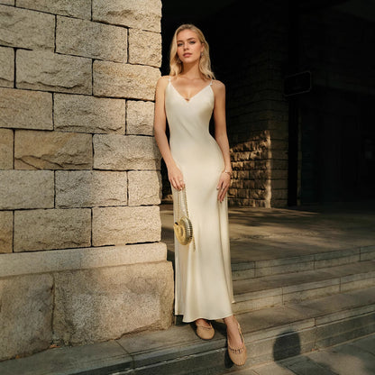 Robe en satin Col en V Dos nu Couleur unie Élégante Robe de soirée Robe caraco