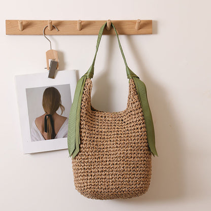 Ribbon Shoulder Straw Bag Large Capacity Solid Color Woven Bag Seaside Vacation Beach Bag Straw Bag - Wanita Store