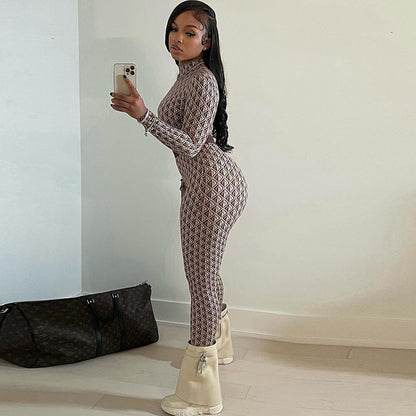 Women Clothing Printed Street round Neck Long Sleeve Trousers Body Pants Fitness Jumpsuit Women - Wanita Store