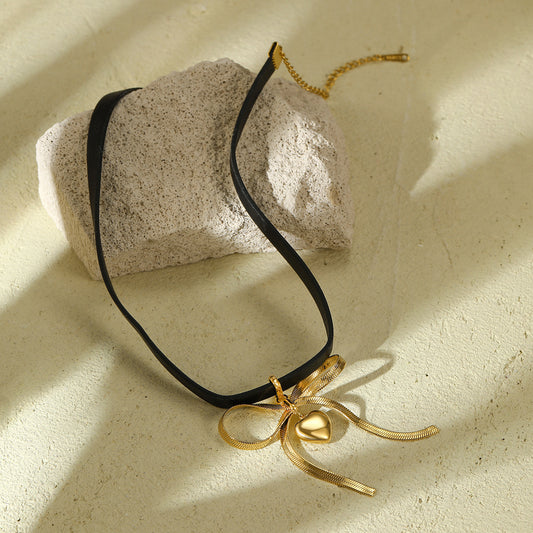 Bow Leather Love Titanium Steel Necklace Simple Light Luxury High Grade Stainless Steel Necklace Women - Wanita Store