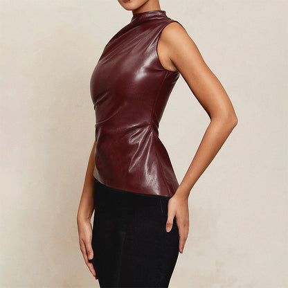 Women Clothing Leather Cascading Collar Personalized Waist Tight Oblique Sleeveless Top Women Vest - Wanita Store