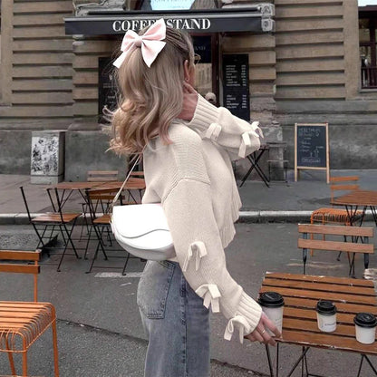 Women Clothing Autumn Winter Simple Bow Sleeve Short Loose Pullover - Wanita Store