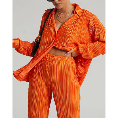 Summer Sexy Suit Women Clothing Pleated Long Sleeve V neck Shirt Casual Pants Two Piece Set - Wanita Store