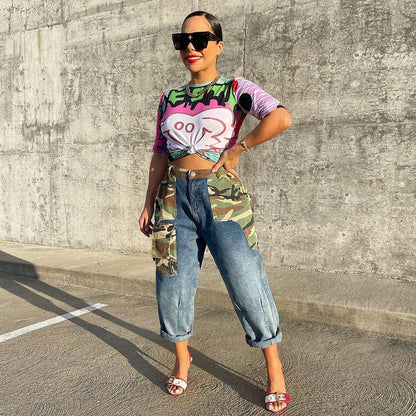 Women Clothing Trendy Denim Camouflage Contrast Color Personality Stickers Bags Straight Pants for Women - Wanita Store