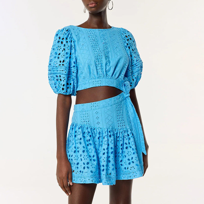 Women Elegant Short round Neck Puff Sleeve Waist Baring Dress