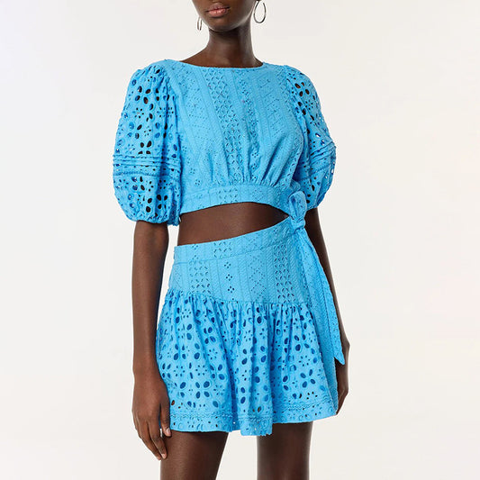 Women Elegant Short round Neck Puff Sleeve Waist Baring Dress