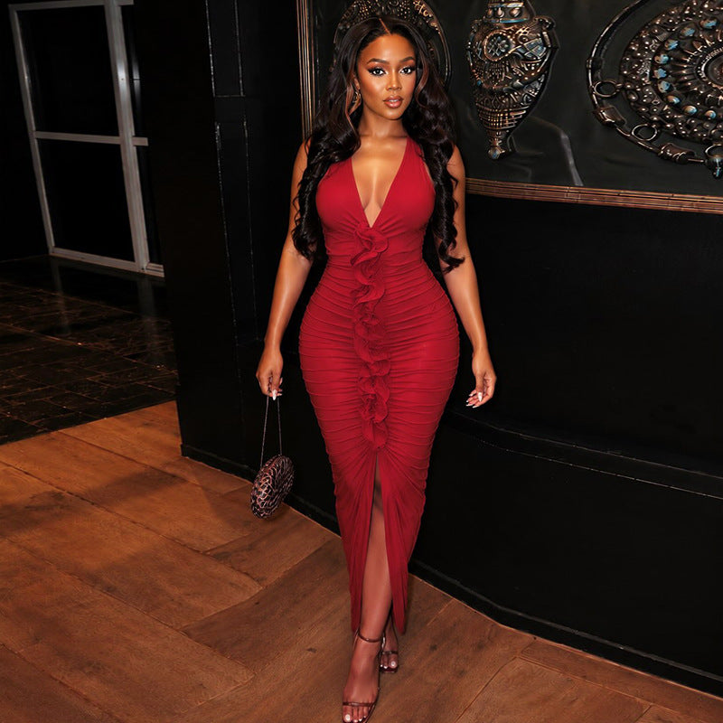 Independent Women Clothing Night Waist Tight Hip Dress V neck Sexy Sleeveless Split Dress