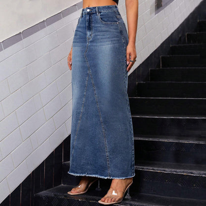 Women Clothing Denim Fringed Sheath Fishtail High Waist Skirt - Wanita Store
