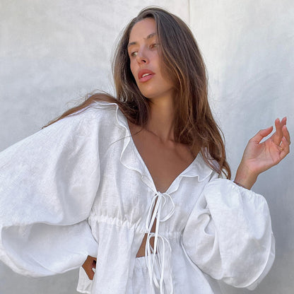 Cotton Linen White Lantern Sleeve V neck Top Shorts Summer Women Clothing Two Piece Set - Wanita Store