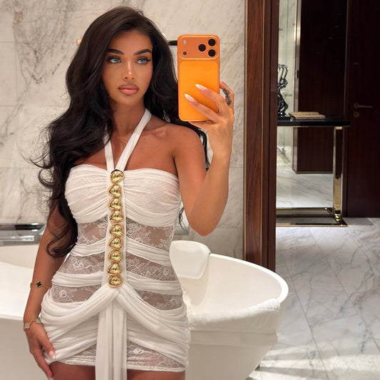 Summer Women Lace Sexy See through Ribbon Halter Dress