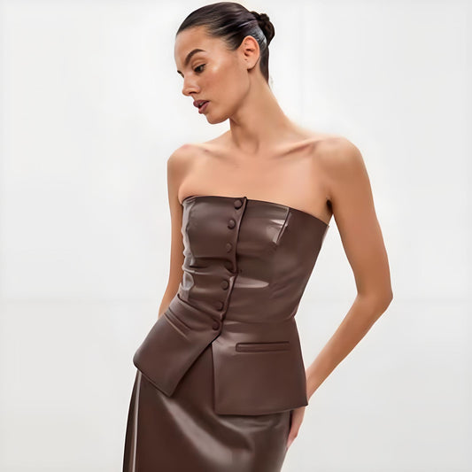 Faux Leather Women French Design Single Breasted Sexy Tube Top Leather Top Tube Top Short Vest