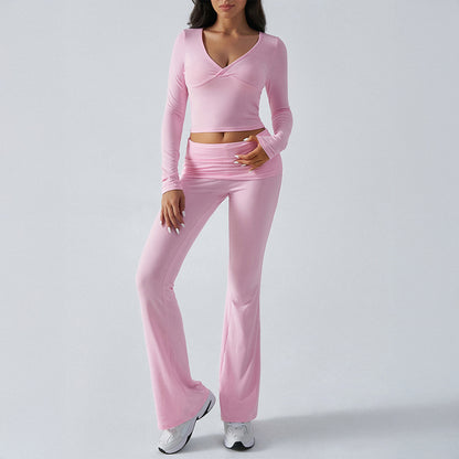 Yoga Clothes Slim Fit Sports Knitted Long Sleeved Trousers Two Piece Women Clothing - Wanita Store