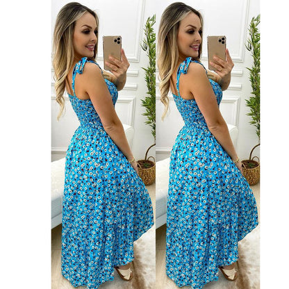 Spring Summer Pleated Strap Floral Dress Home Loose Lace up Large Swing - Wanita Store