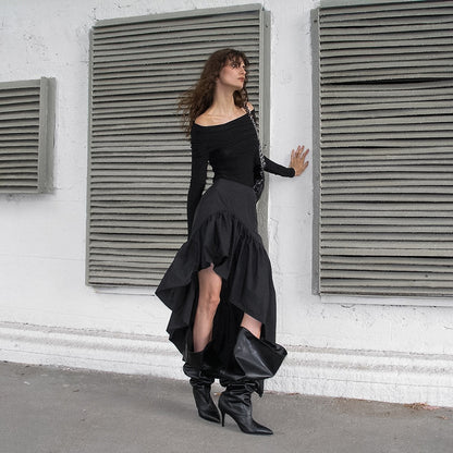 Fall Design High Waist Open Leg Layered Ruffled Cotton Irregular Asymmetric Skirt for Women - Wanita Store