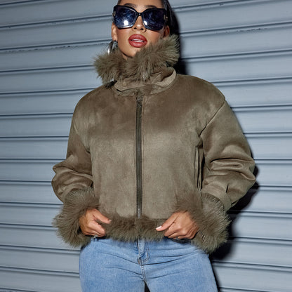 Suede Short Coat Women Fall Winter Jacket Motorcycle Clothing Women - Wanita Store