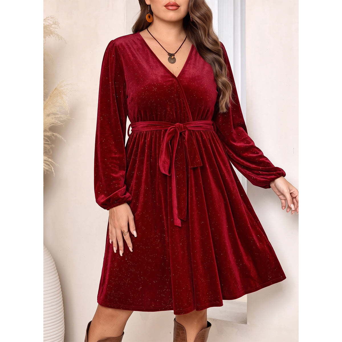 Plus Size Burgundy Velvet Dress V neck Lace up Waist Tight Lantern Sleeve Dress Christmas Cocktail Dress