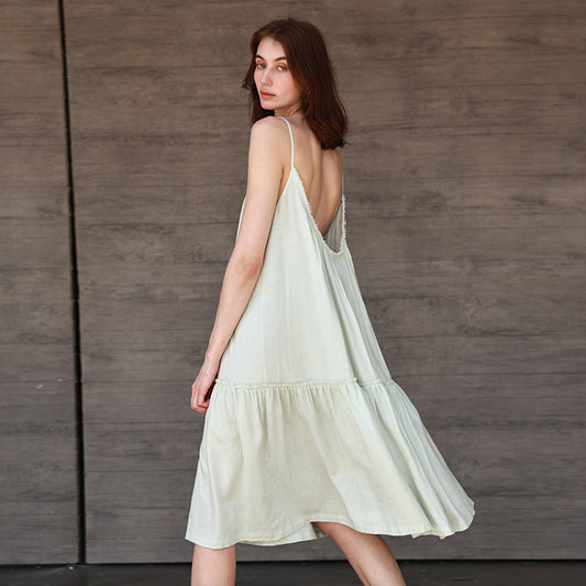 French Vacation Linen Suspender for Women Summer Backless Dress Tassel round Neck Loose Fitting Mid Length Dress