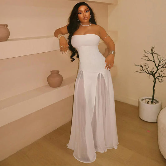 Elegant Women Dress See through Bandeau Slim Fit A line Off Neck Solid Color Dress Evening Dress