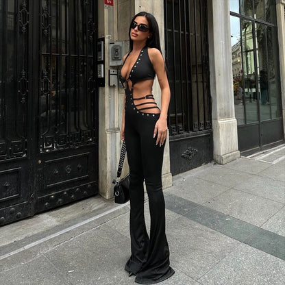 Popular Summer Sleeveless Lace up Backless Slightly Flared Wide Leg Jumpsuit for Women - Wanita Store