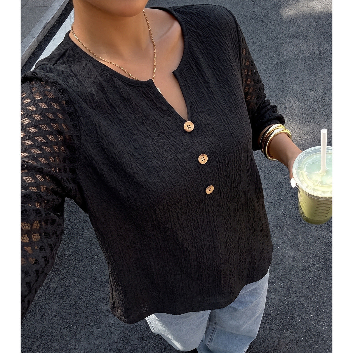 V Half Open Collar Shirt Hollow Out Cutout out Mesh Stitching Long Sleeve Loose Casual Black Sweater