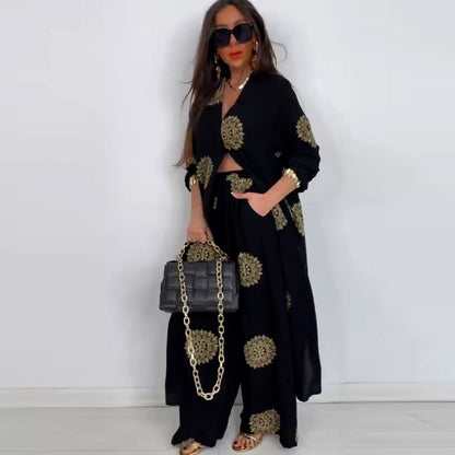 Summer Elegant Sexy V neck Top Printed Wide Leg Pants Two Piece Set - Wanita Store