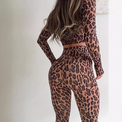 Women Clothing Autumn Stand Up Collar Cinched Cropped Long Sleeve Top High Waist Hip Raise Pants Two Piece Fitness Set - Wanita Store