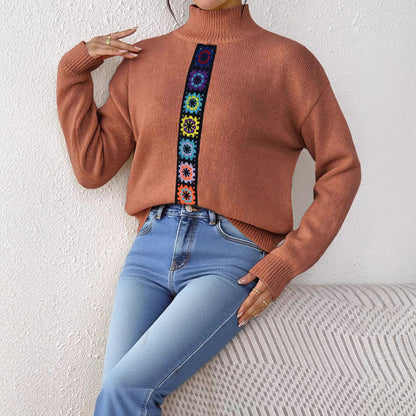 Women Clothing Personality Color Random Imitation Hand Crocheted Stitching Woven Top Pullover Sweater - Wanita Store