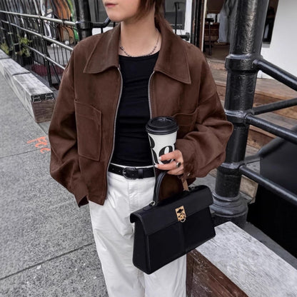 Autumn Winter Long Sleeve Suede Coat Brown Small Business Suit Zip Top Jacket Women Clothing - Wanita Store