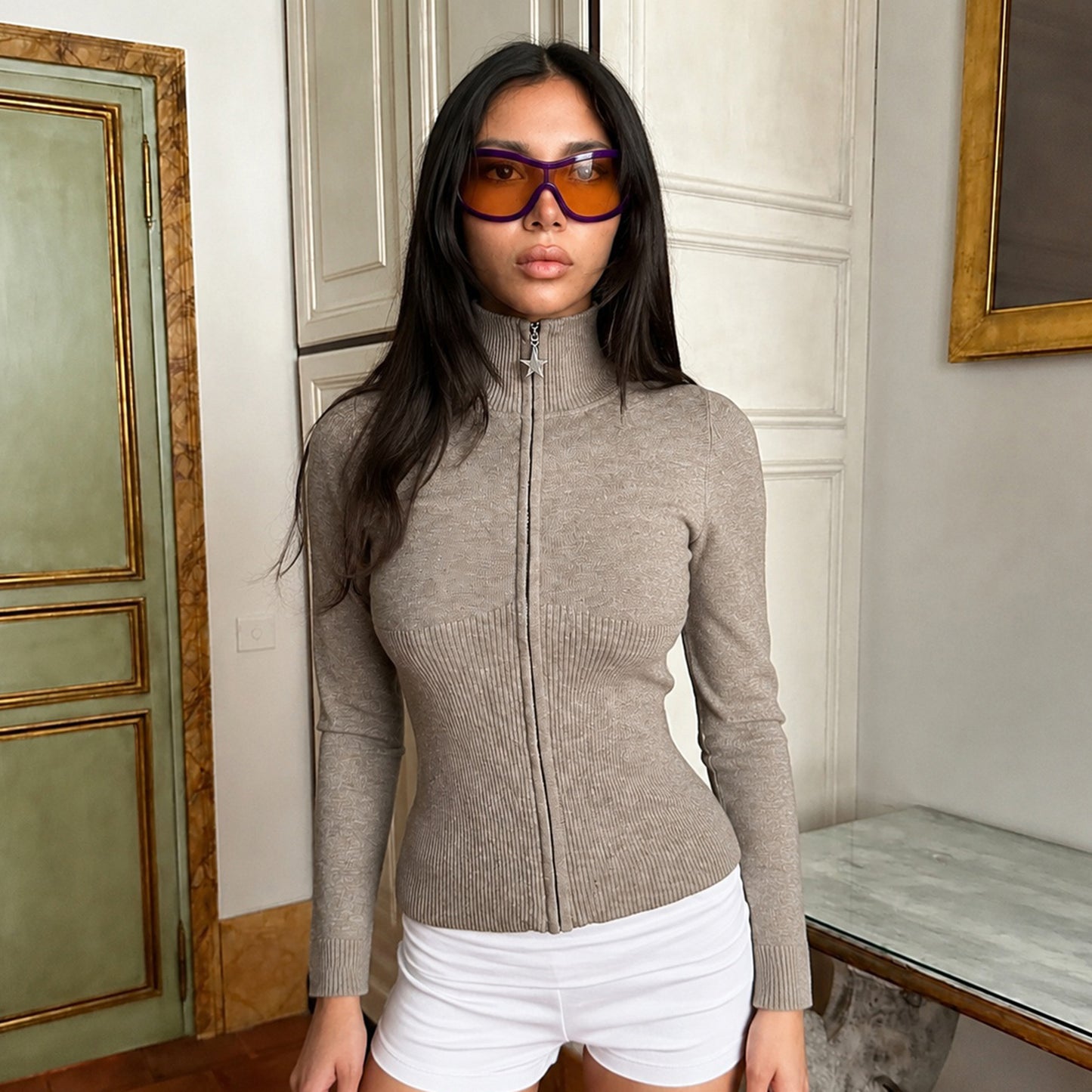 Autumn Winter Women Solid Color Minimal Casual Sweater Lightly Mature Stand Collar Zipper Coat