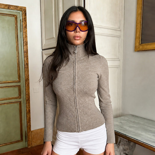 Autumn Winter Women Solid Color Minimal Casual Sweater Lightly Mature Stand Collar Zipper Coat