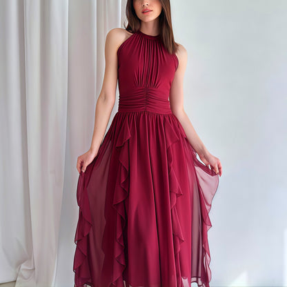 Robe d'été femme amincissante à volants et taille ajustée, style français