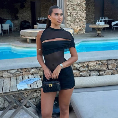 Women Stitching Sexy See through Shoulder Sleeveless Pleated Hip Dress - Wanita Store